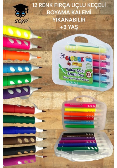 12 Renk Fırça Uçlu Keçeli Boyama Kalemi Yıkanabilir +3 Yaş Water Color Brush Pen