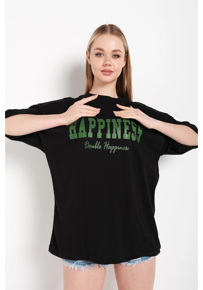 Startmore Kadın Siyah Happıness Baskılı Oversize Tshirt Siyah
