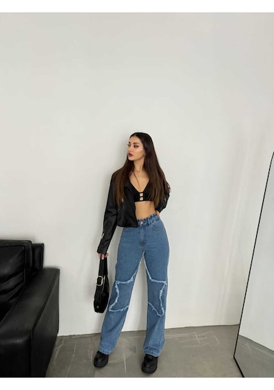 Shevega Kadın Mavi Bacak Yildizli Bol Paça Kot Jeans Pantolon Mavi