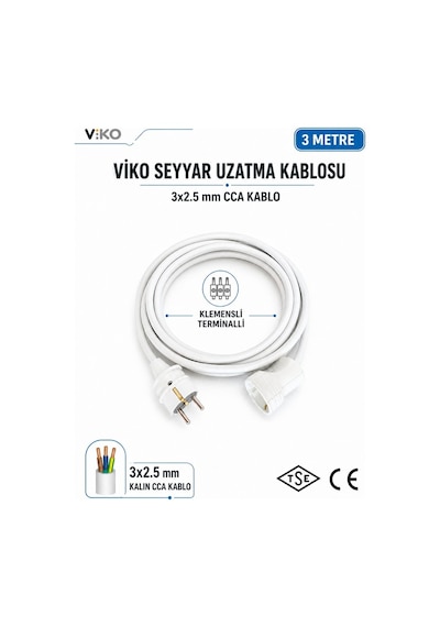Viko Seyyar Uzatma Kablosu 3 Metre 3x2.5 Mm Cca Kablo Viko Erkek Dişi Fiş Klemensli Terminalli Topraklı Tse Ce Belgeli 3 M