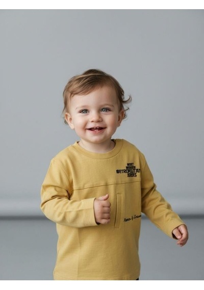 Zekids Erkek Bebek Pamuklu Yazı Detaylı İnce Uzun Kollu T-shirt-16860 Sarı