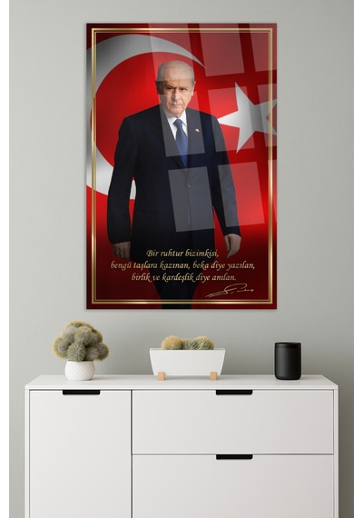 Devlet Bahçeli Mhp Ülkücü Cam Tablo Sanatsal Duvar Dekoru Canlı Renkli Baskı Mutfak Ve Yemek Alanı Sevdiklerinize Hediyelik 4mm Kırılmaz Cam