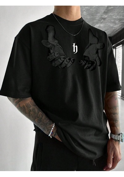 Flood Of Style Erkek Siyah Açık El Baskılı Oversize
