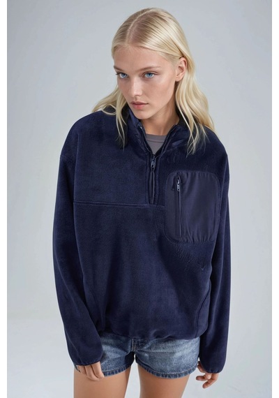 Hiccup Busem Fermuarlı Yakalı Peluş Örme Sweatshirt, Cepli Lacivert