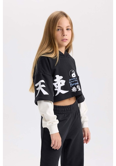 DeFacto Kız Çocuk 2'li Takım Bisiklet Yaka Baskılı Sweatshirt Beli Lastikli Jogger Eşofman Altı D4066A824WNBK26 Siyah