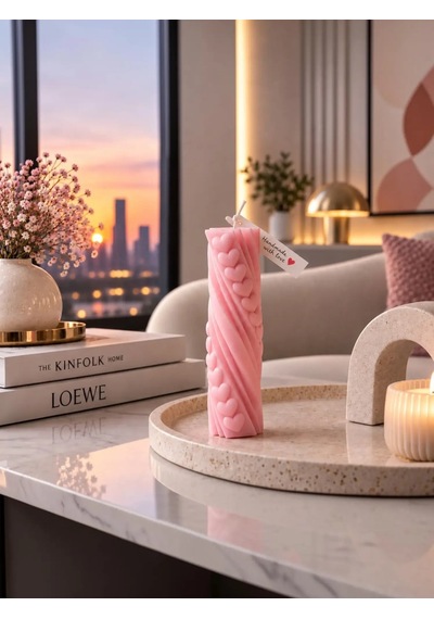 Mumelia Kalp Desenli Baton - Doğal Soya Blok Dekoratif Mum - Pembe