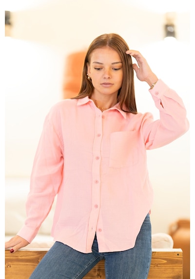 Cep Detaylı Oversize Gömlek Pembe