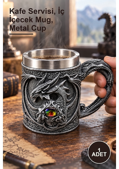 1 Adet Ejderha Gözü 3d Tasarımlı Paslanmaz Çelik Kupa Bardak Kafe Servisi, İç İçecek Mug, Metal Cup altın