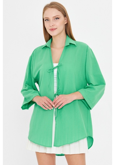 Armonika Kadın Açık Yeşil Gömlek Yakalı Önden Bağcıklı Kimono Gömlek Arm-25k001006