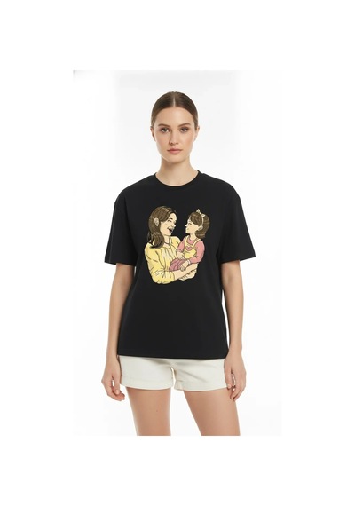 Novalisse Anneler Günü Hediye Anne Kız Temalı Baskılı Oversize Bisiklet Yaka T-shirt - Siyah Çoklu Renk