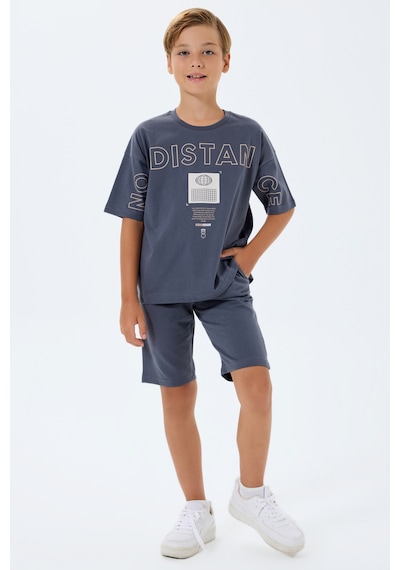 Rolypoly 3752 %100 Pamuk Erkek Çocuk Kısa Kol Cepli Oversize Şort Pijama Takımı Füme