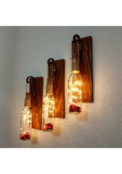 Led Işıklı, Ceviz Renkli Duvar Aplik, 3’Lü Set