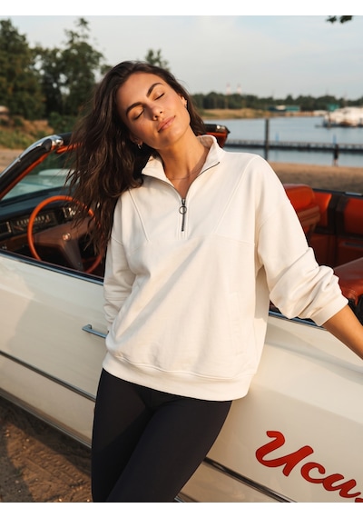 Onloox Kadın Ekru Ekru Pamuklu Dik Yaka Oversize Yarım Fermuarlı Cep Detaylı Sweatshirt