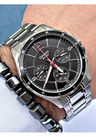 Casio Gümüş Renk Siyah Kadran Çelik Kordon   Fonksiyonlu Erkek Kol Saati + Bileklik Hediyeli Nda94