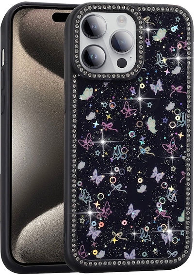 Apple Uyumlu iPhone 14 Pro Max Kılıf Taşlı Ve Simli Tasarım Mkst Azra Kapak - Pembe Pembe