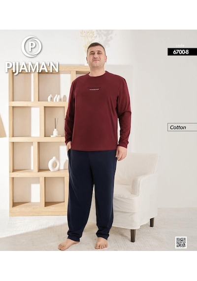 Pijamoni Erkek Battal Bisiklet Yaka Penye Uzun Kol Pijama Takımı 6700/8 - 1 Adet Bordo