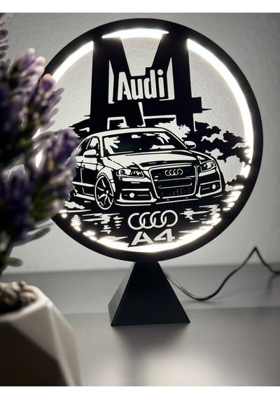 Audi A4 B7 Silüetli Halka Led Dekoratif Masa Gece Lambası Araba Tutkunlarına Hediye Adaptör Dahil Siyah
