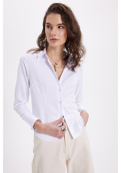 Tudors Kadın Slim Fit Dar Kesim Pensli Vucüda Oturan Uzun Manşet Beyaz Gömlek-42064 Beyaz