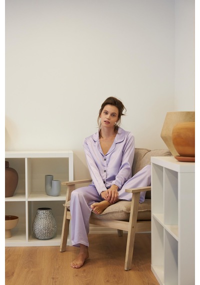 Akbeniz Kadın Lila Oversize Saten Pijama Takımı