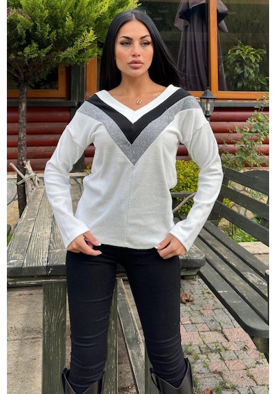 WeShaya Kadın Ekru Uzun Kollu V Yaka Color Block Pamuklu Bluz Sweatshirt Ekru