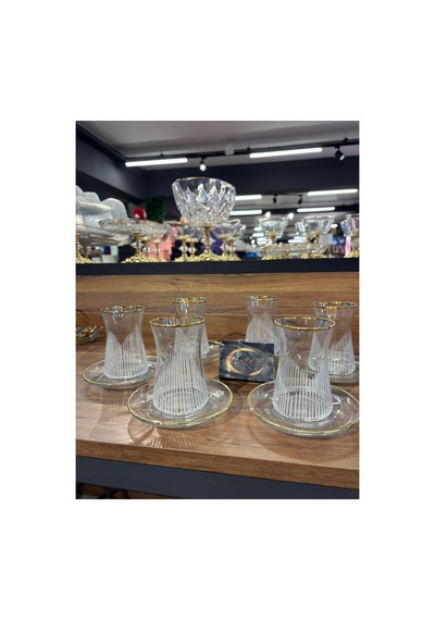 Paşabahçe Heybeli Gold Gerçek Altın Yaldızlı 6 Kişilik 12 Parça Çay Seti, Çay Takımı, Çey Servisi,