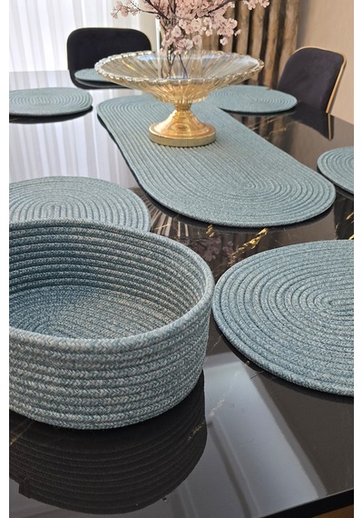 6 Lı Oval Supla 1 Runner 1 Dekoratif Ekmek Sepeti Seti Desenli Sunumluk Yemek Takımı Turkuaz