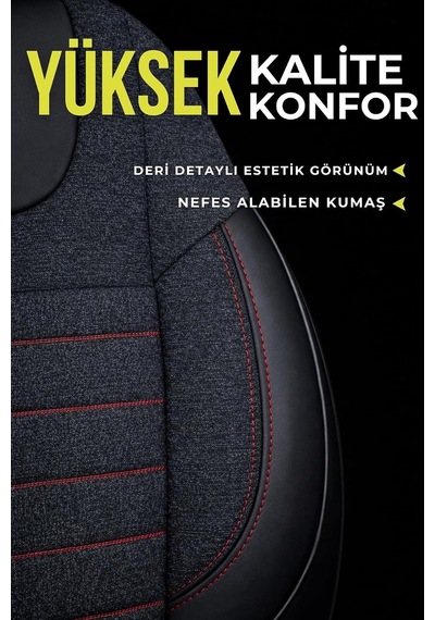 Lifos Serisi Koton Kumaş Universal Oto Koltuk Kılıfı Tam Set Siyah Kırmızı Genel