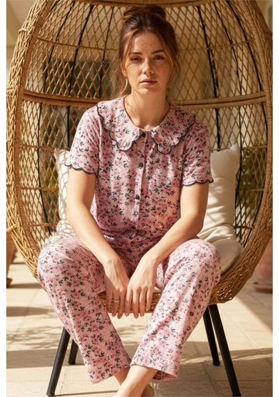 Siyah İnci Yakalı Düğmeli Fitilli Kaşkorse Örme Pijama Takım 26120503 Pudra Pembe Çiçek