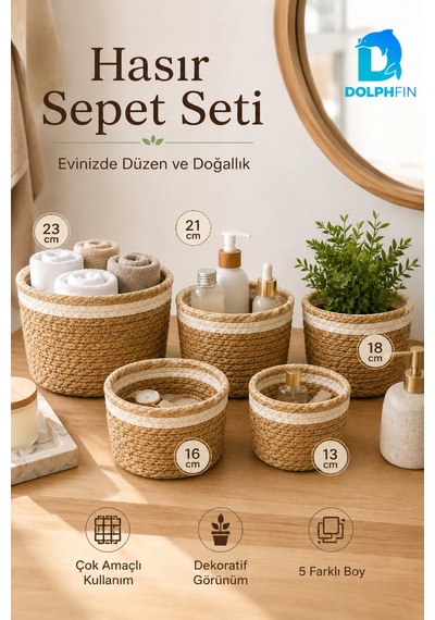 5 Li Hasır Sepet Seti Çok Amaçlı Dekoratif Düzenleyici Organizer Saksı Kılıfı