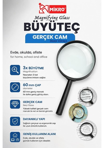 Mikro Büyüteç, Gerçek Cam, 3x Büyütme, 60 Mm Çap, El Tipi, Okuma Harita Hobi Ofis Okul İçin