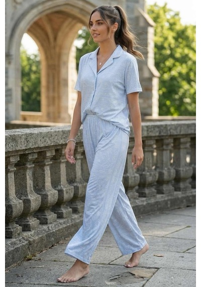 Relax Mode Kadın Nakış Desen Mavi Gömlek Pijama Takım - 26038r
