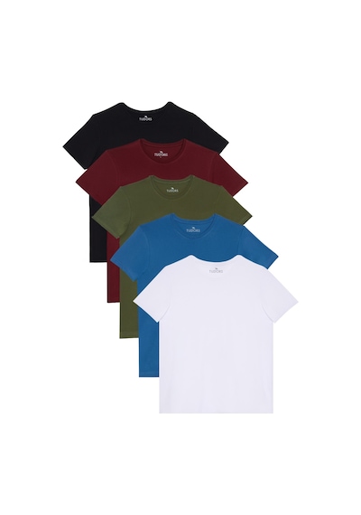 Tudors Unisex 5'li Paket Siyah-beyaz-bordo-mavi-yeşil Slim Fit Dar Kesim %100 Pamuk Bisiklet Yaka Tişört-51137 Çok Renkli