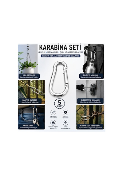 5 Adet Metal Karabina Kancası Seti Yaylı Kilitli Çok Amaçlı Bağlantı Ve Askı Aparatı