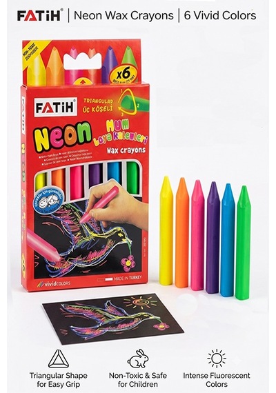 Neon Üçgen Mum Boya 6 Lı 1 Paket Fatih 6 Renk Üçgen Mumboya Elleri Kirletmeyen Yıkanabilir Silinebilir Karton Kutu Çok Renkli