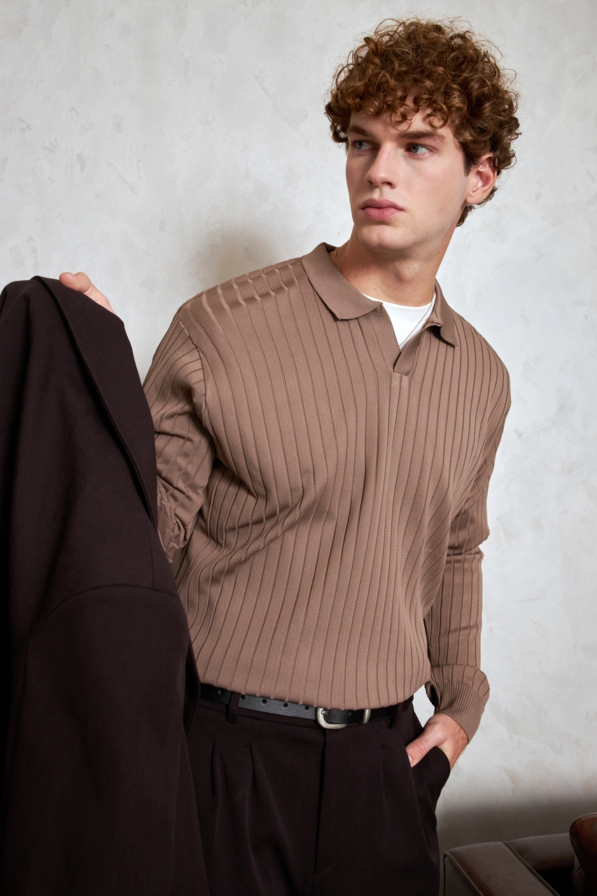 Erkek Polo Yaka Fitilli Oversize Triko Kazak Vizon
