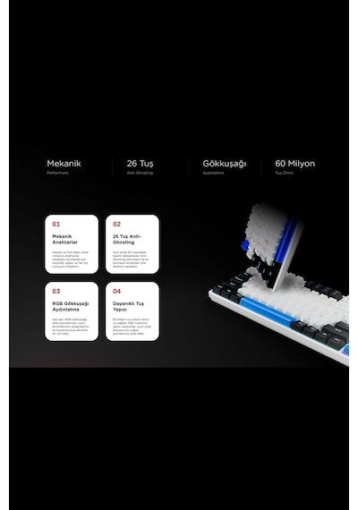 Nimbus Mekanik Klavye Beyaz Usb Rainbow Türkçe Red Switch 26 Tuş Anti-ghosting Oyuncu Klavyesi