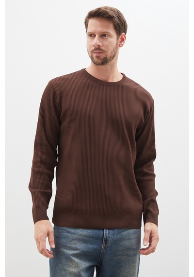 Fullamoda Waffle Dokulu Bisiklet Yaka Regular Fit Triko Kazak Kahve