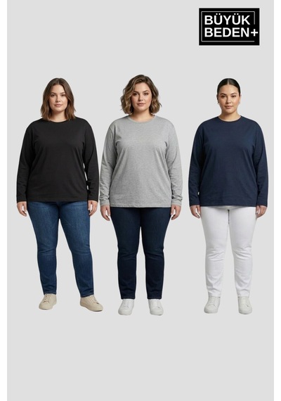 Süperlife Kadın Büyük Beden 3'lü Set Uzun Kollu 2 İplik Bisiklet Yaka Tişört Spr26bts942+2 Siyah Süperlife Kadın Büyük Beden 3'lü Set Uzun Kollu 2 İplik Bisiklet Yaka Tişört Spr26bts942+2 Siyah