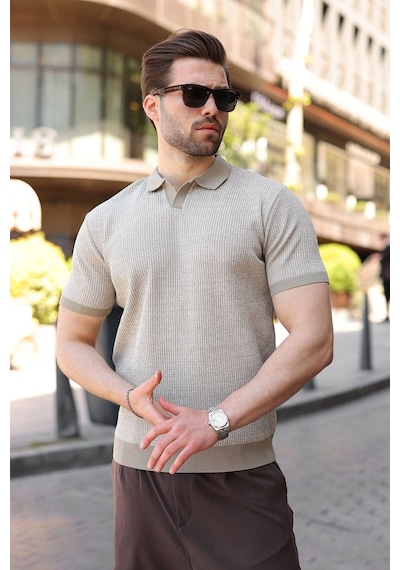 Madmext Kum Rengi Polo Yaka Regular Fit Erkek Triko Tişört E7496
