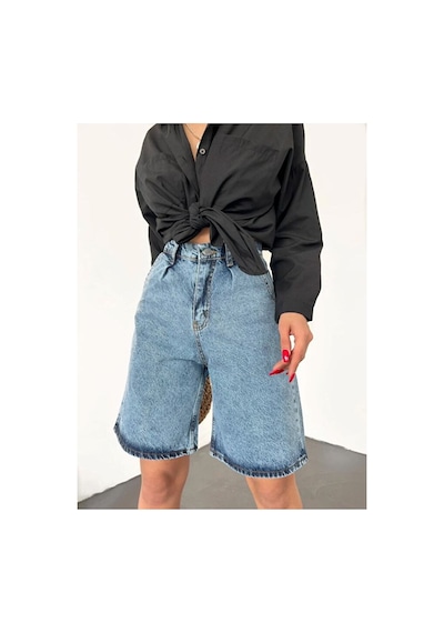 Nido Moda Kadın Yüksek Bel Geniş Paça Denim Şort Mavi