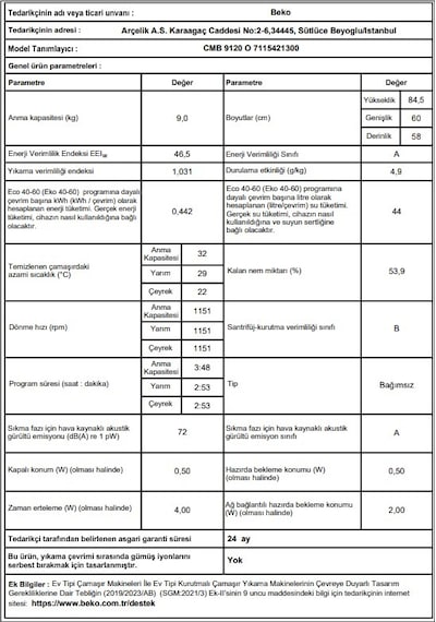 Beko CMB 9120 O 9 KG 1200 Devir Çamaşır Makinesi