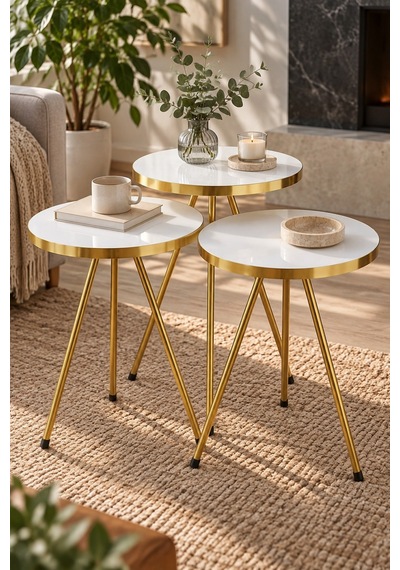 Sulorahome Gold Metal Ayaklı Beyaz 3'lü Zigon Sehpa Takımı Sehpalar Beyaz Ayakları Gold