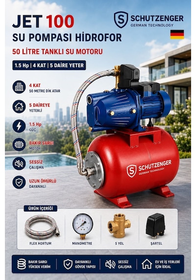 Jet100 Su Pompası Hidrofor 50 Litre Tanklı Su Motoru 1.5 Hp 4 Kat 5 Daire Yeter Setli 50mt Dik Atar