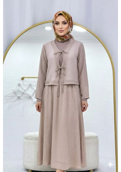 Lovie Moda Müslin Dokulu Bağlamalı Etekli Takım Bej