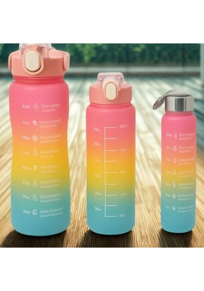 3 Lü Renkli Suluk Seti Motivasyonlu Spor Matara Seti 2l, 900ml Ve 300ml Su Şişesi Sızdırmaz, Dayanıklı, Şık Tasarım Pembe-sarı 0