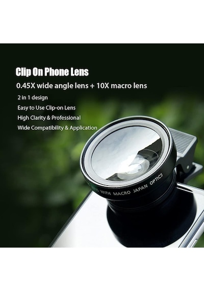 2 Si 1 Arada Klipsli Telefon Kamera Lensi 0.45x Ultra Geniş Açı 10x Makro 37mm Evrensel 49mm Uv Port Siyah Siyah