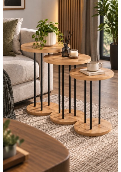 Sulorahome Çam Desenli Metal Ayaklı Yuvarlak Zigon Sehpa Takımı 3'lü