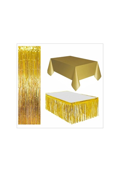 3 Parça Gold Masa Örtüsü, Gold Masa Eteği, Gold Arka Fon