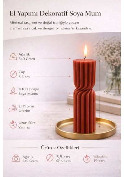 Dekoratif Lüks Soya Mum, El Yapımı Doğal Mum, Uzun Yanma Süreli Ev Hediyesi, Ev Süsü Kırmızı 340 G Kırmızı