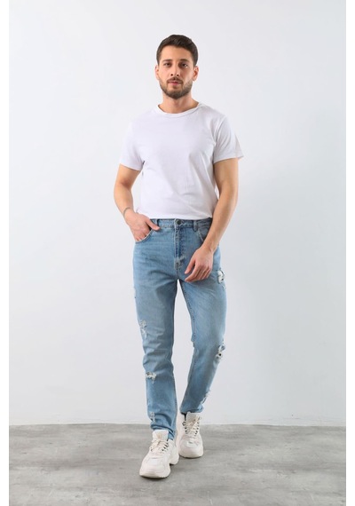 Blue White Erkek Yırtık Detaylı Jean Pantolon Mavi